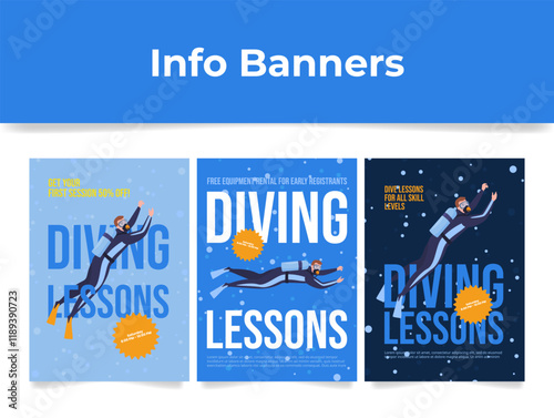 Banners inviting you to dive lessons for all skill levels on an exciting underwater adventure in your area.