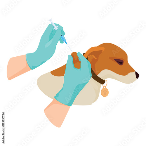 Illustration of hands of medical staff vaccinating a dog at an animal health clinic