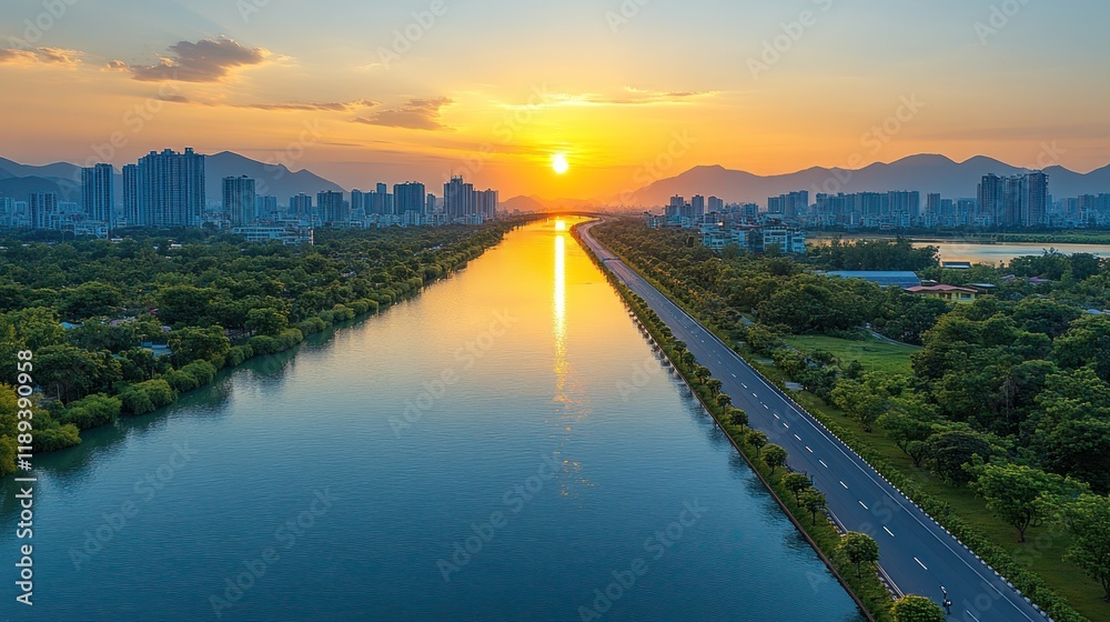 Aerial View of Urban River at Sunset with Mountains and Roadside Trees Aerial View of Urban River at Sunset with Mountains and Roadside Trees