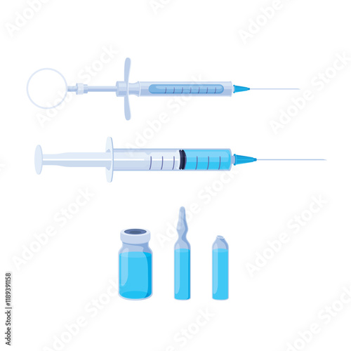 Medical syringes and ampoules arranged on a white background and ready for use in healthcare