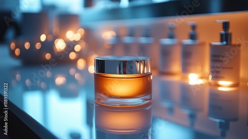 Sunlit skincare products arranged elegantly on a wooden table near blooming f...