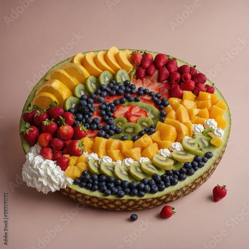 Fruits shaped like A rainbow made entirely of sliced fruits with a cloud of whipped cream at the ends. photo