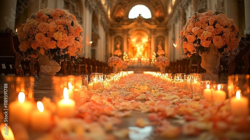 Elegant wedding ceremony setup with floral arrangements and candles in a gran...
