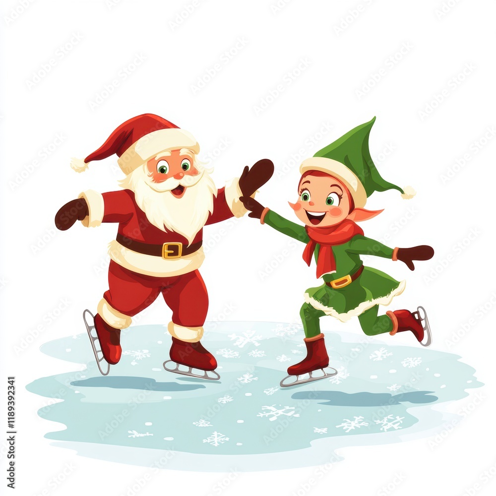 Santa ice skating with cute elf in Christmas.