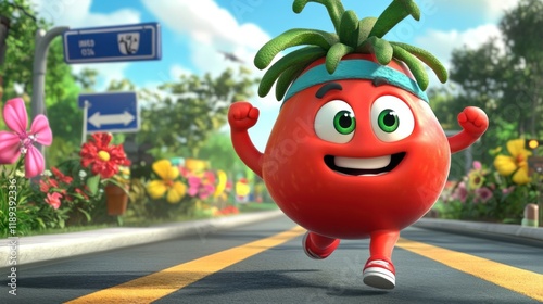 Cartoon tomato running on a road with flowers and signs.