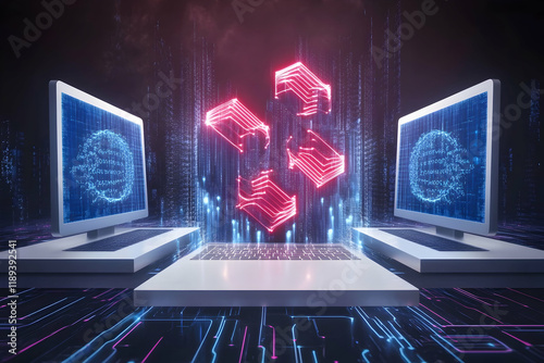 Data transfer between computers, digital network, global connection, glowing symbol, futuristic background, ideal for tech concepts