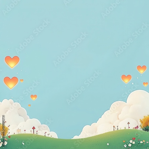 A serene landscape adorned with whimsical hearts and clouds.
