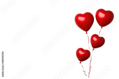 Four red heart shaped balloons with copy space on transparent background