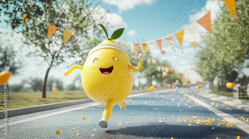 Cheerful lemon character running a race in a park.