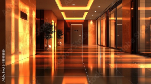 Golden Hour Hotel Corridor:  A long, luxurious hotel corridor bathed in warm, golden light. The polished floor reflects the ambient lighting, creating a sophisticated and inviting atmosphere.