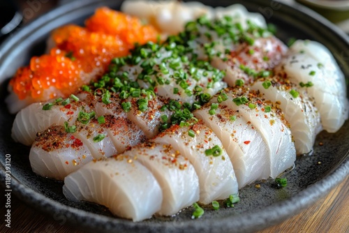 Fresh diced fish seasoned with herbs and spices served on a black plate