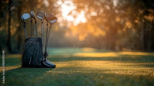 Golf clubs arranged in a row as sunlight filters through trees during a seren...