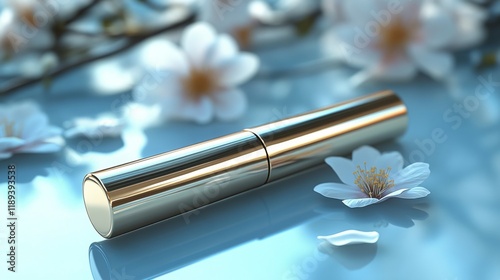 Elegant perfume bottle surrounded by delicate pink flowers on a marble surface