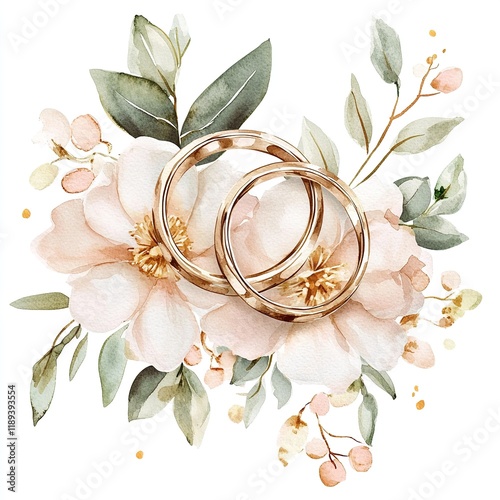 Watercolor Wedding Rings with Flowers, Romantic Bridal Clip Art, Elegant Wedding Illustration on white background 