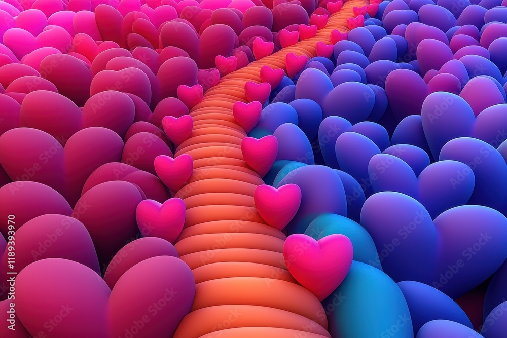 Obraz premium A vibrant path of hearts in a colorful abstract landscape.