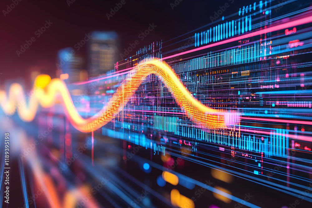 Obraz premium Digital data wave flowing over city skyline at night; abstract technology background for website or presentation