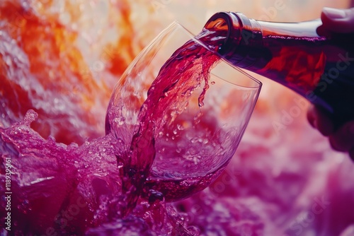 Pouring vibrant red liquid into a wine glass surrounded by colorful splashes ...