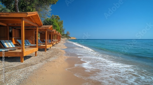 Relaxing beachfront cottages by the tranquil shoreline at golden hour