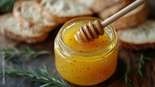 Honey jar with fresh bread slices on a rustic wooden table surrounded by herb...