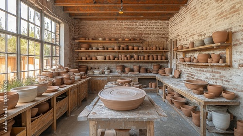 Exploring a pottery workshop filled with handcrafted bowls and plates in a br...