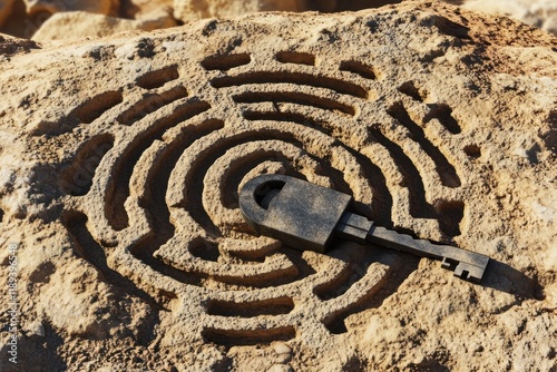 Ancient Key on Stone Carving in a Desert Setting with Sunlight and Shadows