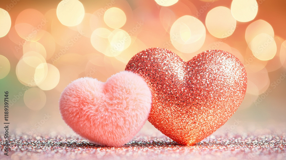 Obraz premium Glittering rose gold and soft pink hearts with bokeh background create romantic vibe