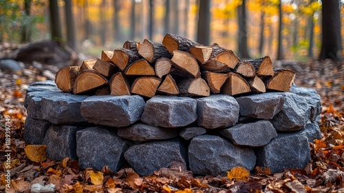 Stacked firewood on a stone base surrounded by autumn foliage in a tranquil f...