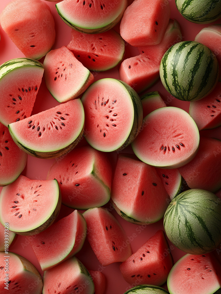 Fresh watermelon slices arranged on a surface Fresh watermelon slices arranged on a surface