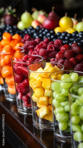 Fresh fruit display in glass cups at a vibrant market during the afternoon