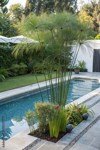 Egyptian Papyrus (Cyperus papyrus) Near a Pool, Creating a Luxurious Aquatic Ambiance photo