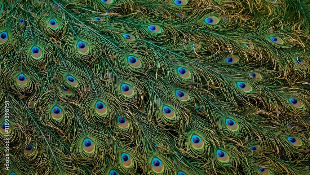 Fototapeta premium Vibrant peacock feather displaying emerald green turquoise and gold hues with shimmering iridescence