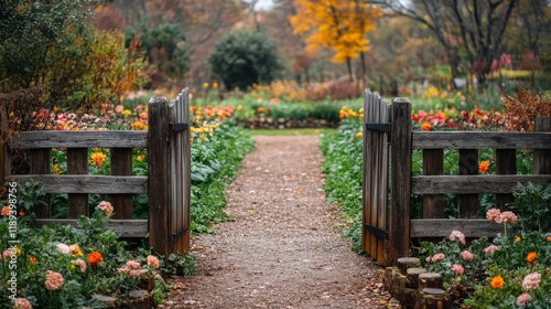 Vibrant garden pathway with wooden gates under a blue sky during autumn