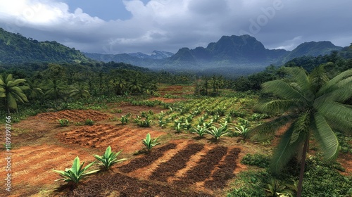 Vibrant Tropical Landscape with Lush Farmland and Majestic Mountains Under Cloudy Sky photo