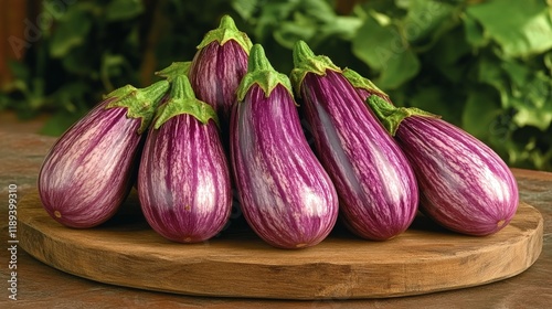Freshly harvested purple eggplants arranged on a wooden cutting board in a ru...