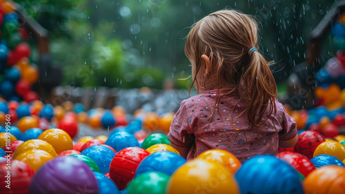 Child Playing with Colorful Balls in the Rain  
 photo