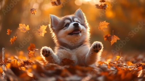 Playful puppy enjoys autumn leaves during a sunny afternoon in the park