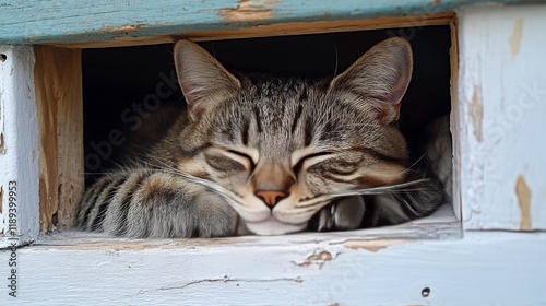 Cozy tabby cat peacefully sleeping in a soft bed at home
