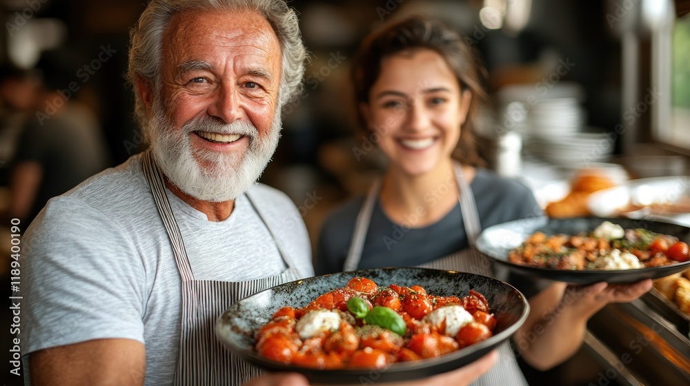 Chefs Presenting Freshly Prepared Dishes in a Cozy Kitchen Setting Chefs Presenting Freshly Prepared Dishes in a Cozy Kitchen Setting