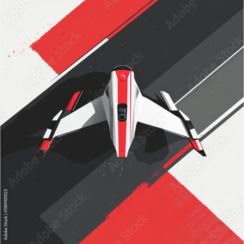 A simple flat vector art of a futuristic drone with an asymmetrical, bold design. Features a clever humor, grainy texture, and a three-color palette of red, white, and gray in a top-down perspective.
