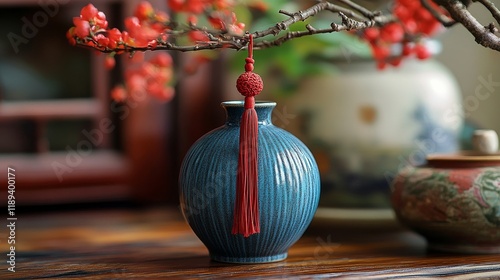 Elegant red ceramic vase with decorative tassel and branch on wooden table in...