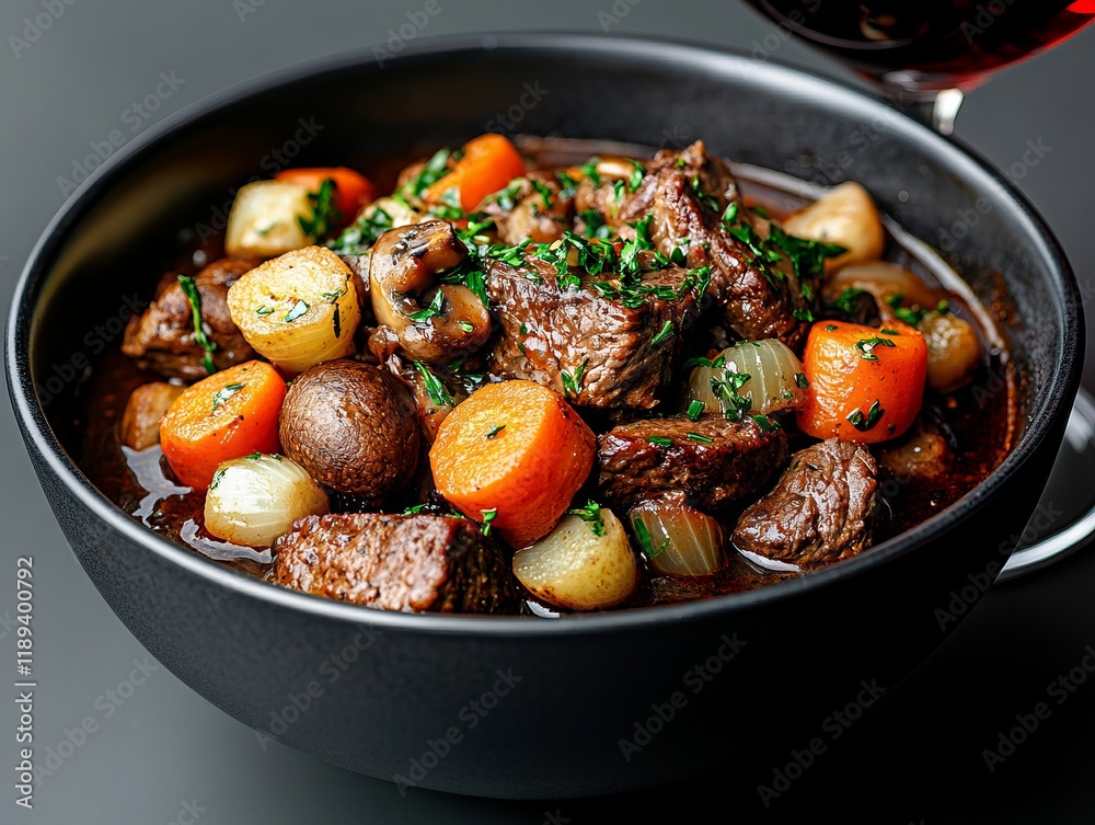 A bowl of stew with carrots potatoes and mushrooms in it A bowl of stew with carrots potatoes and mushrooms in it