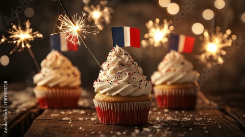 French flag cupcakes on rustic wooden table with sparklers, realistic, warm colors, Bastille Day celebration photo