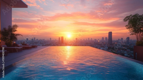 Captivating sunset over city skyline from rooftop infinity pool in a vibrant ...