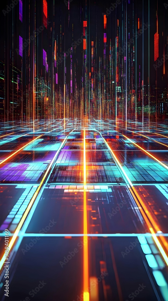 Futuristic city data stream, glowing grid highway, digital landscape, abstract technology background, ideal for tech presentations Futuristic city data stream, glowing grid highway, digital landscape, abstract technology background, ideal for tech presentations