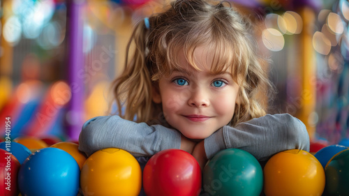 Smiling Girl Leaning on Colorful Balls
