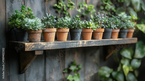 Potted herbs on a wooden shelf against a backdrop of greenery in a garden set...