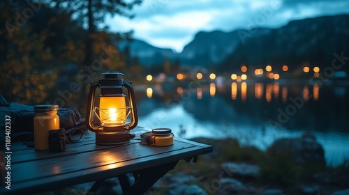 Tranquil lakeside evening with a lantern and camping chair beside calm water
