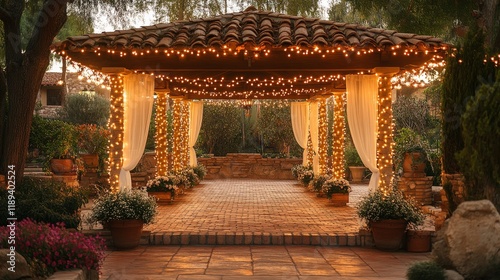 Serene outdoor gazebo adorned with lights in a tranquil garden setting during...