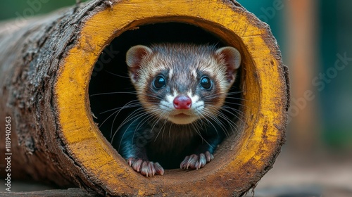 Cute small animal emerging from colorful tube in natural setting during dayli...