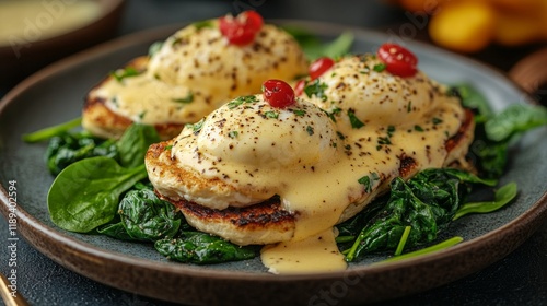 Delicious eggs benedict served on a bed of fresh spinach with cherry tomatoes...